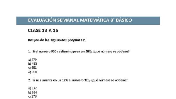 Evaluación Matemática 8º básico Unidad 1 Semana 4