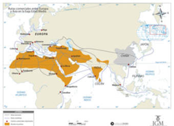 Mapa de las rutas comerciales entre Europa y Asia en la Baja Edad Media