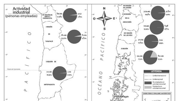 Mapa actividad industrial Chile en blanco y negro
