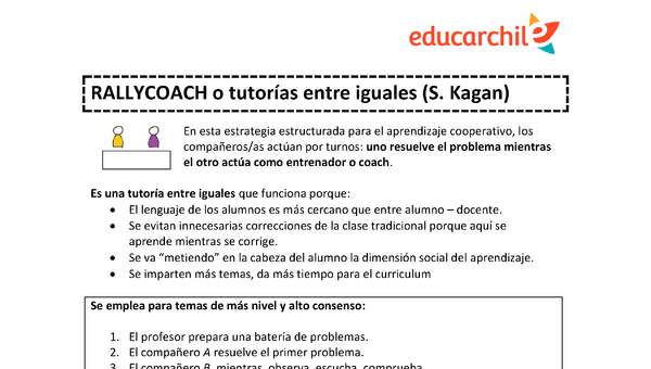 Estrategia de trabajo cooperativo estructurado: Rally coach (tutorías entre iguales) Orientación OA09