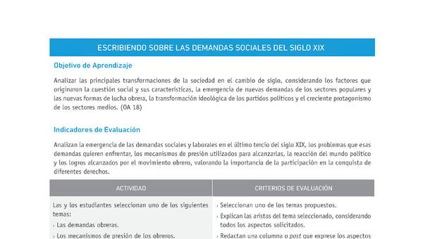 Evaluación Programas - HI1M OA18 - U2 - ESCRIBIENDO SOBRE LAS DEMANDAS SOCIALES DEL SIGLO XIX