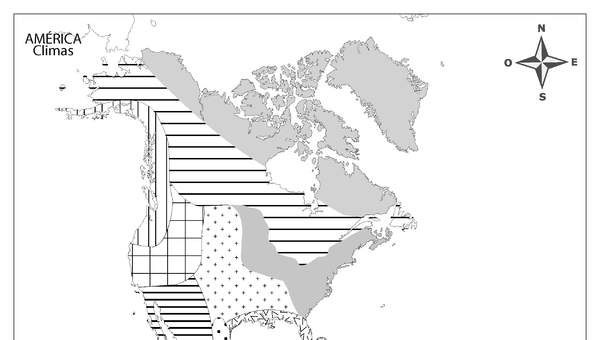 Mapa con los climas de América en blanco y negro