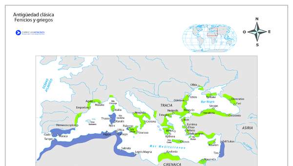 Mapa griegos y fenicios en el Mediterráneo