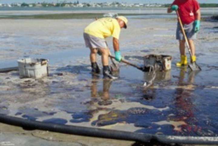 Hombres limpiando derrame de petróleo en la playa