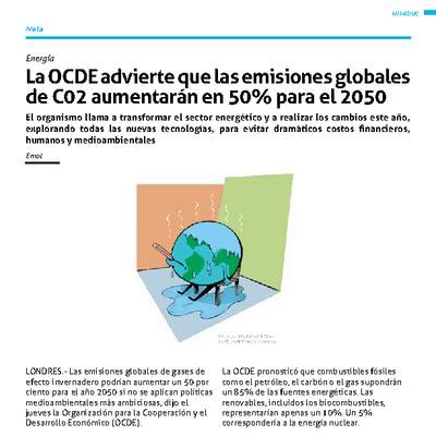 La OCDE advierte que las emisiones globales de CO2 aumentarán en 50% para el 2050