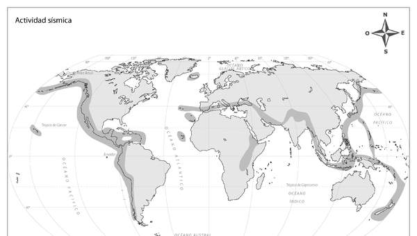 Mapa actividad sísmica del mundo en blanco y negro