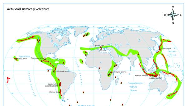 Mapa actividad sísmica y volcánica del mundo a color