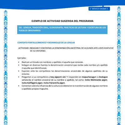 Actividad sugerida: LC01 - Mapuche - U3 - N°6: INDAGAN Y COMENTAN LA DENOMINACIÓN ANCESTRAL DE ALGUNOS APELLIDOS MAPUCHE DE SU ENTORNO.