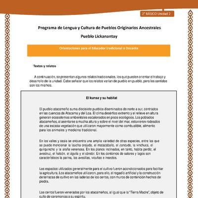 Orientaciones al docente - LC02 - Lickanantay - U2 - Textos y relatos: El kunsa y su hábitat