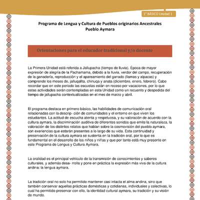 Orientaciones al docente - LC01 - Aymara - U01 - Introducción