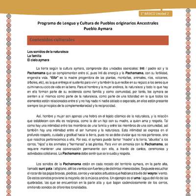 Contenidos culturales - Lengua y cultura de los pueblos Originarios Ancestrales 1º básico -  Aymara - Unidad 2