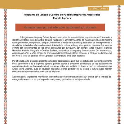 Orientaciones - Lengua y cultura de los pueblos Originarios Ancestrales 1º básico -  Aymara - Unidad 2
