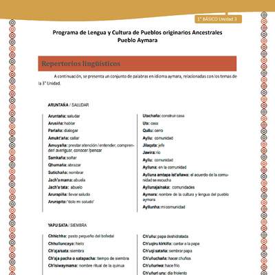 Repertorios lingüísticos - Lengua y cultura de los pueblos Originarios Ancestrales 1º básico -  Aymara - Unidad 3