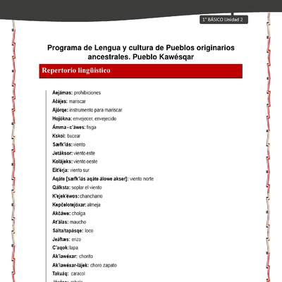 Orientaciones al docente - LC01 - Kawésqar - U2 - Repertorio lingüístico