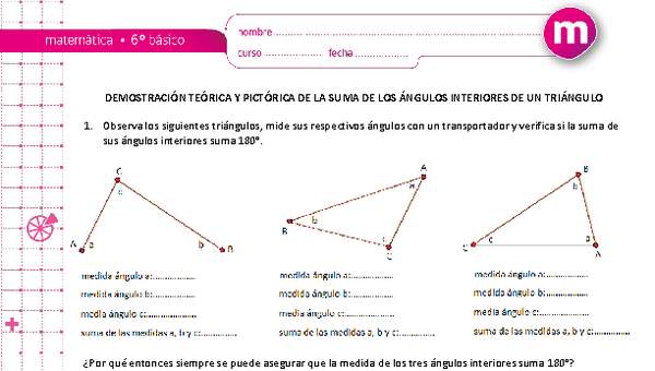 Demostración teórica y pictórica de la suma de los ángulos interiores de un triángulo