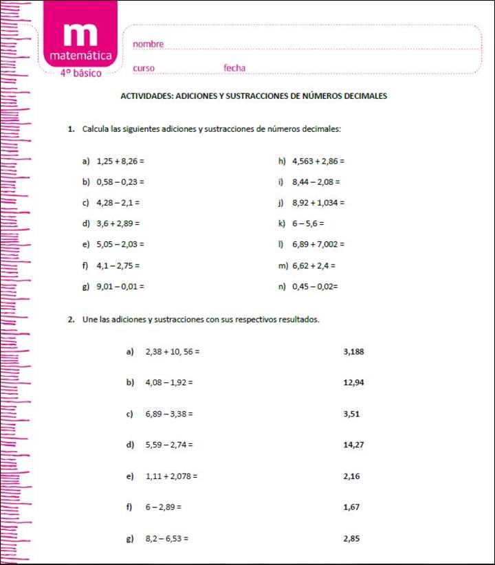 Adiciones y sustracciones de números decimales (II)