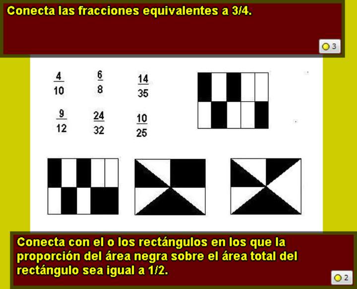 Fracciones equivalentes a 3/4 y área igual a 1/2
