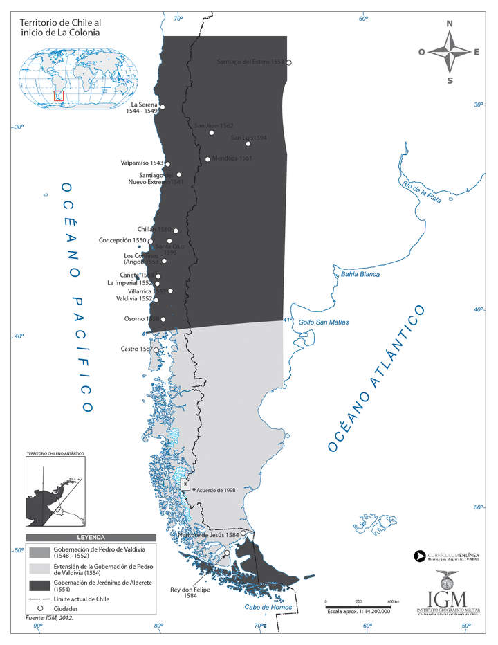 Mapa del territorio chileno al inicio de La Colonia