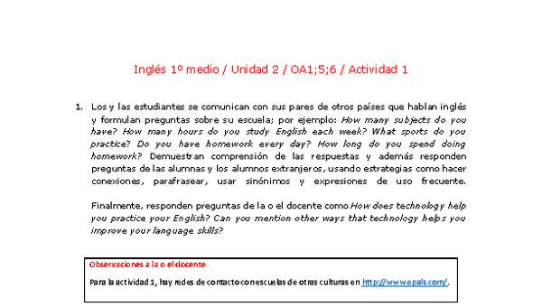 Inglés 1 medio-Unidad 2-OA1;5;6-Actividad 1