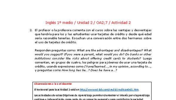 Inglés 1 medio-Unidad 2-OA2;7-Actividad 2