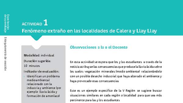 Sugerencia para el profesor: Actividad 1. Fenómeno extraño en las localidades de Calera y Llay Llay