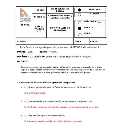Guía de trabajo del docente Oleo-hidráulica, contaminación y seguridad