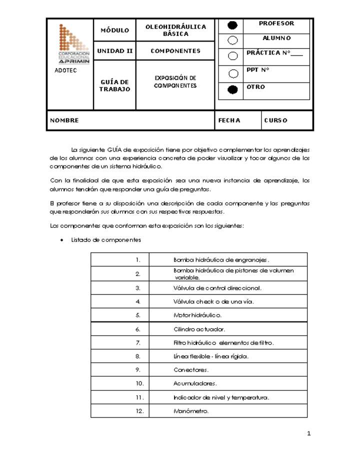 Guía de trabajo del docente Oleo-hidráulica, exposición de componentes