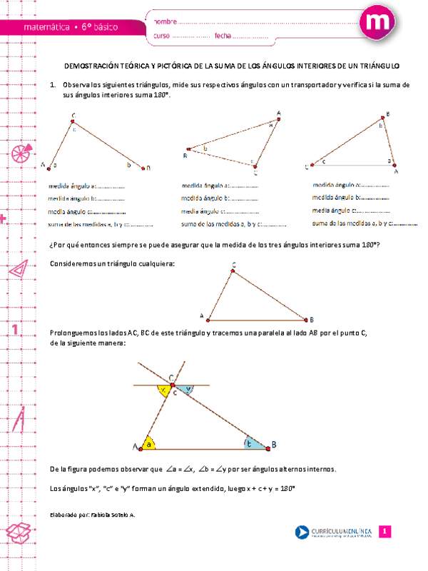 Demostración teórica y pictórica de la suma de los ángulos interiores de un triángulo