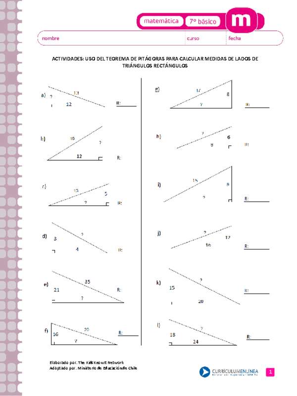 Uso del teorema de Pitágoras para calcular la medida de lados de triángulos rectángulos