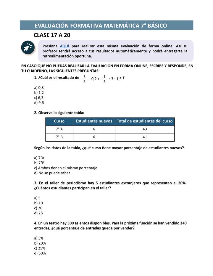 Evaluación Matemática 7° básico Unidad 1 Semana 5
