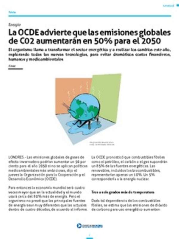 La OCDE advierte que las emisiones globales de CO2 aumentarán en 50% para el 2050